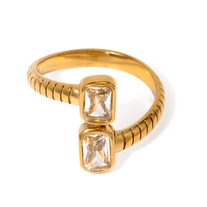 Gold ribbed open ring featuring two rectangle zircon stones on a white background