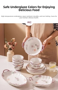 Detail of floral purple ceramic dinnerware set with underglaze hand-painted flower patterns