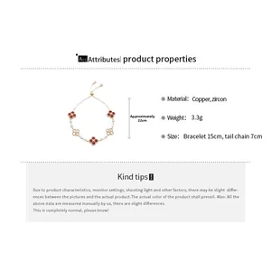 Detailed specs of 18k gold plated clover bracelet with zircon stones and length measurements