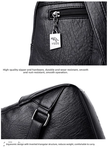 Detail of metal zipper with kangaroo logo and triangular stitching on black leather backpack