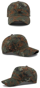 Three views of a digital camouflage baseball cap showing front, side and angled profiles