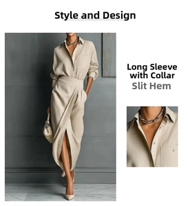 Detail of elegant beige midi dress featuring lapel long sleeves and front slit hemline