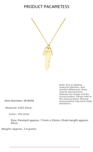 Detail of 18k gold plated S925 sterling silver key pendant with engraved serial number