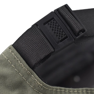 Rear view of army green cotton baseball cap with adjustable strap and plastic buckle