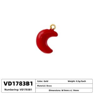 Macro detail of red enamel chili pendant with gold brass loop and dimensions