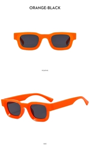 Detail view of retro small square orange punk sunglasses with black lenses from two angles