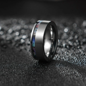 8mm brushed titanium steel ring for men with colorful abalone shell inlay on black base