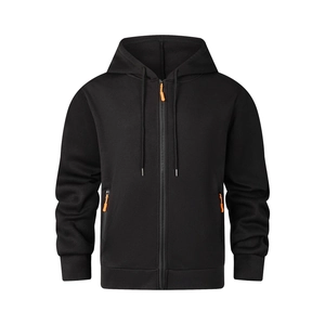 Men's black zip-up hoodie with orange drawstrings, casual sporty hooded sweatshirt design