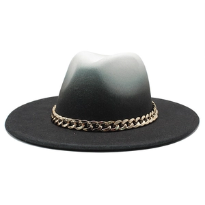 Gradient black and white felt jazz hat with wide brim and gold chain decorative strap