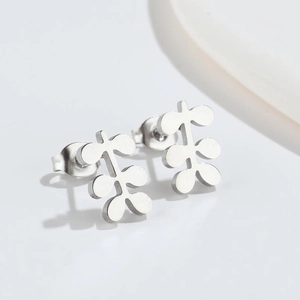 Minimalist silver leaf stainless steel stud earrings with modern abstract floral design