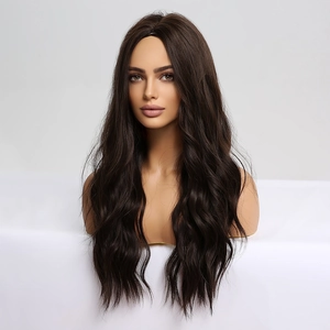 Detail of wavy long brown hair extension featuring natural large waves and silky texture