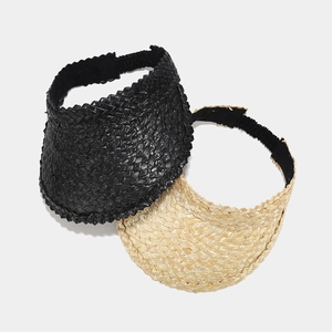 Straw sun visor set in black and natural beige with elastic band and woven texture