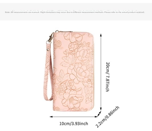 Detail view of pink floral embossed wallet with zipper closure and wrist strap