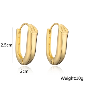 Minimalist gold U-shaped huggie earrings with engraved H letter detail and size specs