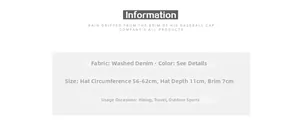 Size chart and technical specifications for washed denim baseball cap with outdoor utility