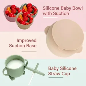 Silicone baby feeding set with strong suction bowl and straw cup in various soft colors