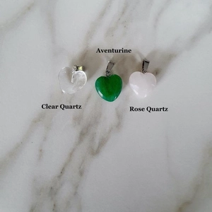 Mixed heart stone pendants with clear quartz, aventurine, and rose quartz crystals