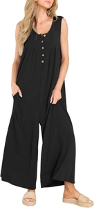 Detail of black ribbed knit sleeveless jumpsuit featuring decorative front buttons and pockets