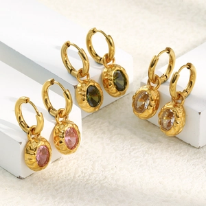 Hammered gold earrings with colorful oval zircon crystals in pink green and clear colors