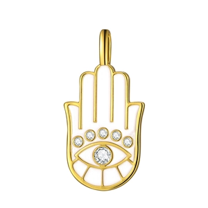 Golden Hamsa hand charm with white enamel and protective evil eye in a studio shot