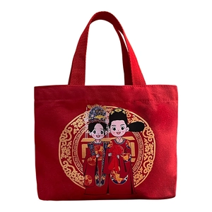Red bridal canvas tote bag with cartoon wedding couple print and braided handles