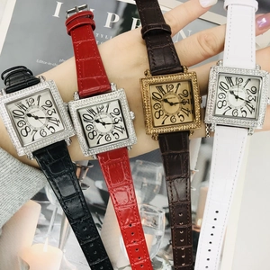 Reloj cuadrado con diamantes, grandes números artísticos y correas de cuero en cuatro colores
