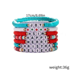 Detail view of 7-layer colorful Christmas beaded bracelets with JOY and MERRY lettering