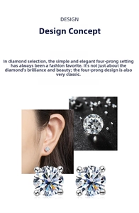 Detail of four-prong moissanite earrings in 925 silver with classic round cut stones