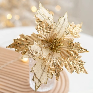 Champagne gold artificial Christmas flower with sequins for tree decoration in glass vase