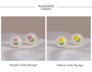 Detail of tulip earrings with pearl edges in purple and yellow floral patterns