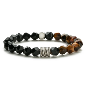 Bracelet pour homme en perles d'onyx facettées et œil de tigre avec acier inoxydable