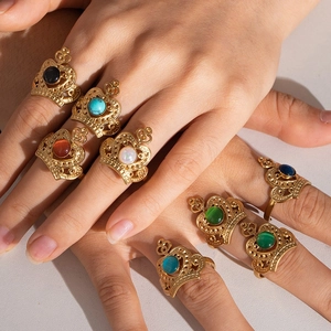 French luxury crown titanium steel rings with colorful natural stones for women