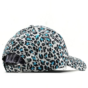 Adjustable leopard print baseball cap with blue patterns and metal back buckle strap