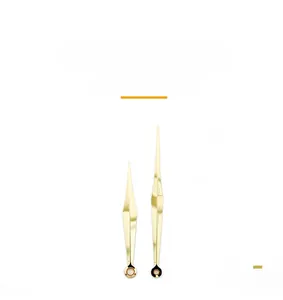 Close-up of golden metal clock hands with diamond-tip design on a white background