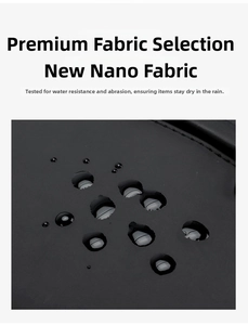 Detail of waterproof nano fabric with water droplets on a black tactical chest bag