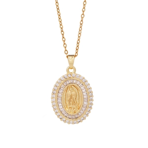Virgin Mary oval pendant necklace in 18k gold finish with white zircon double halo