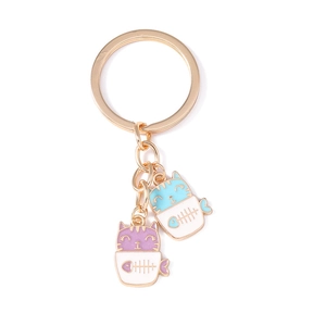 Cute cartoon cat in fish tank enamel keychains with golden metal ring and charms