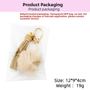 Detail of plush pompom keychain with leather tassel and gold clasp in clear packaging