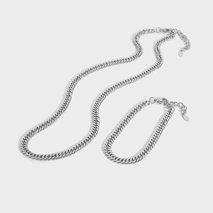 6mm thick stainless steel Cuban link necklace and bracelet set in polished silver finish
