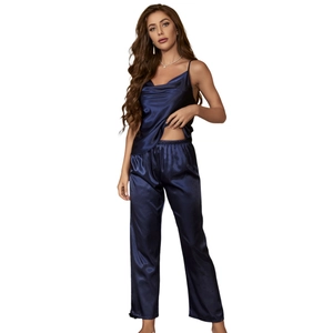 Women's dark blue satin silk pajama set with camisole top and straight-leg trousers