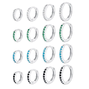 925 Sterling Silver hoop earrings with zircon stones in white green blue and black