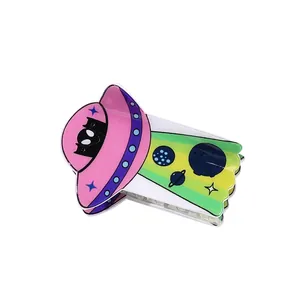 Creative pink UFO and black cat acrylic hair claw clip with colorful light beam design