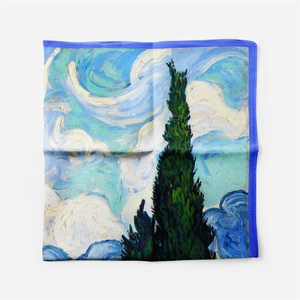 Detailed print of Van Gogh Wheat Field with Cypresses on a silk square scarf