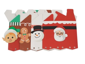 Detail of Christmas candy boxes featuring Santa, snowman, elf, and gingerbread man designs