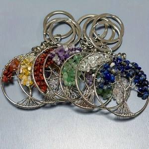Handmade Tree of Life keychain with natural tumbled stones and silver wire wrap