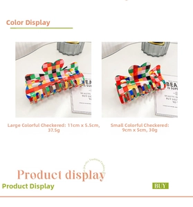 Detailed size comparison of large and small colorful checkered hair claw clips