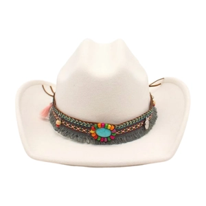 Detail of white western cowboy hat featuring ethnic woven band and turquoise ornament