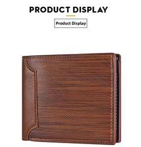 Detail of men's brown bifold wallet with wood-grain texture and yellow stitching