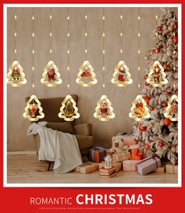 Detail of warm white LED curtain lights featuring clear star ornaments with Santa and elk