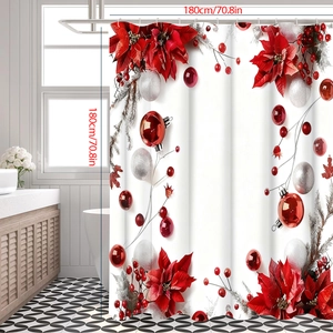 Detail view of Christmas shower curtain with red poinsettia and 180x180cm size info